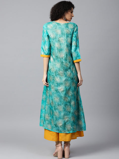 Blue foil printed 3/4th sleeve anarkali double layer kurta