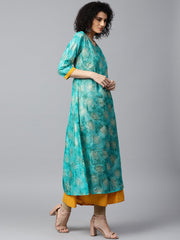 Blue foil printed 3/4th sleeve anarkali double layer kurta
