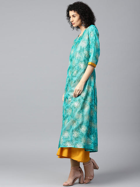 Blue foil printed 3/4th sleeve anarkali double layer kurta