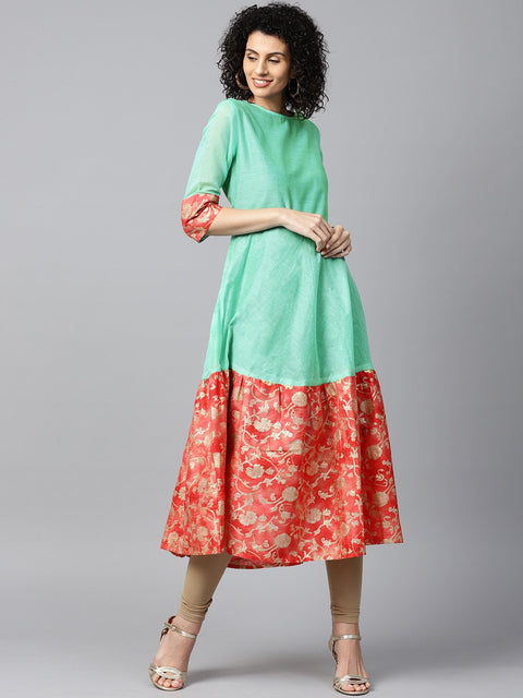 Aqua banglori printed half sleeve chanderi anarkali kurta