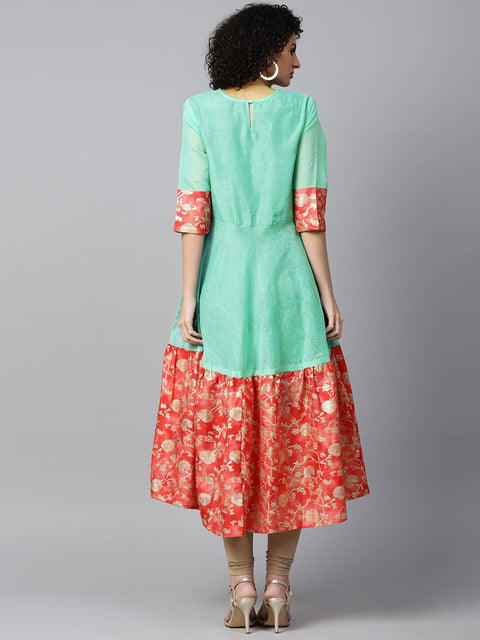 Aqua banglori printed half sleeve chanderi anarkali kurta