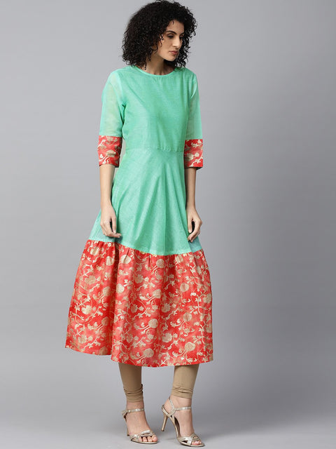 Aqua banglori printed half sleeve chanderi anarkali kurta