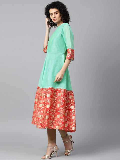 Aqua banglori printed half sleeve chanderi anarkali kurta