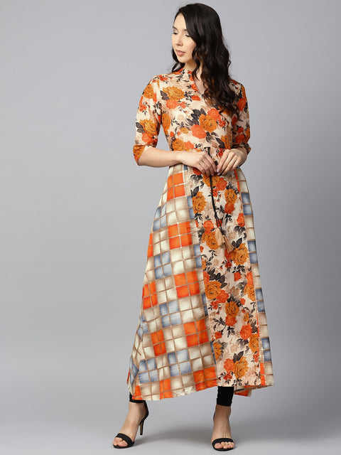 Yellow flower printed half sleeve cotton anarkali kurta