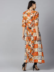 Yellow flower printed half sleeve cotton anarkali kurta