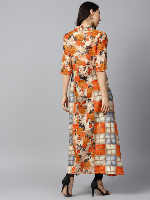 Yellow flower printed half sleeve cotton anarkali kurta