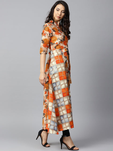 Yellow flower printed half sleeve cotton anarkali kurta