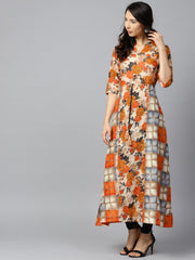 Yellow flower printed half sleeve cotton anarkali kurta