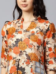 Yellow flower printed half sleeve cotton anarkali kurta