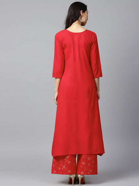 Red yoke printed 3/4th sleeve cotton kurta with printed ankle length palazzo