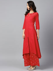 Red yoke printed 3/4th sleeve cotton kurta with printed ankle length palazzo