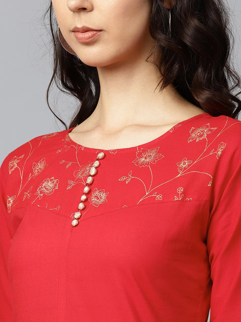 Red yoke printed 3/4th sleeve cotton kurta with printed ankle length palazzo