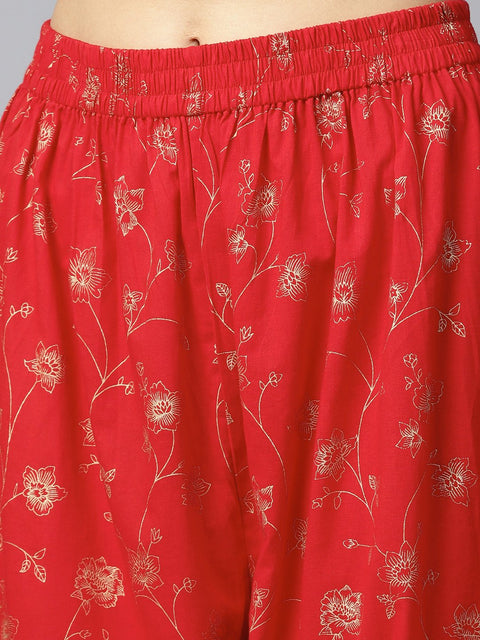 Red yoke printed 3/4th sleeve cotton kurta with printed ankle length palazzo