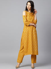 Yellow printed 3/4th sleeve cold shoulder cotton kurta with yellow printed palazzo