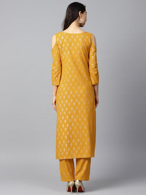 Yellow printed 3/4th sleeve cold shoulder cotton kurta with yellow printed palazzo
