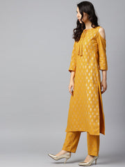Yellow printed 3/4th sleeve cold shoulder cotton kurta with yellow printed palazzo