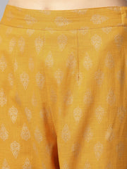 Yellow printed 3/4th sleeve cold shoulder cotton kurta with yellow printed palazzo