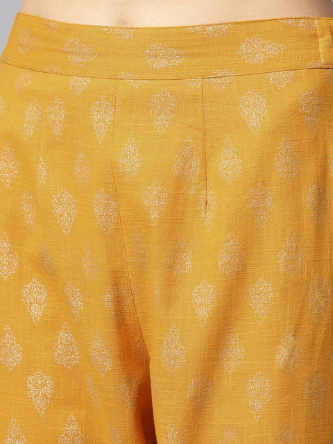 Yellow printed 3/4th sleeve cold shoulder cotton kurta with yellow printed palazzo