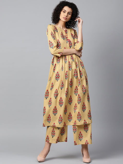 Yellow printed 3/4th sleeve cotton Anarkali kurta with printed palazzo