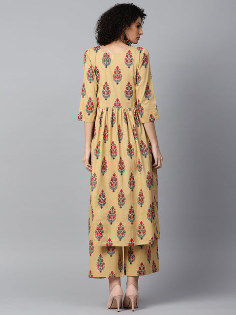 Yellow printed 3/4th sleeve cotton Anarkali kurta with printed palazzo