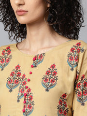 Yellow printed 3/4th sleeve cotton Anarkali kurta with printed palazzo