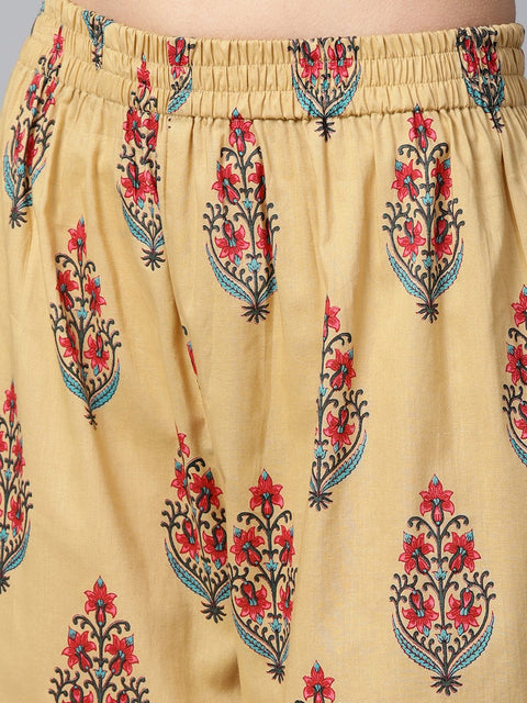 Yellow printed 3/4th sleeve cotton Anarkali kurta with printed palazzo