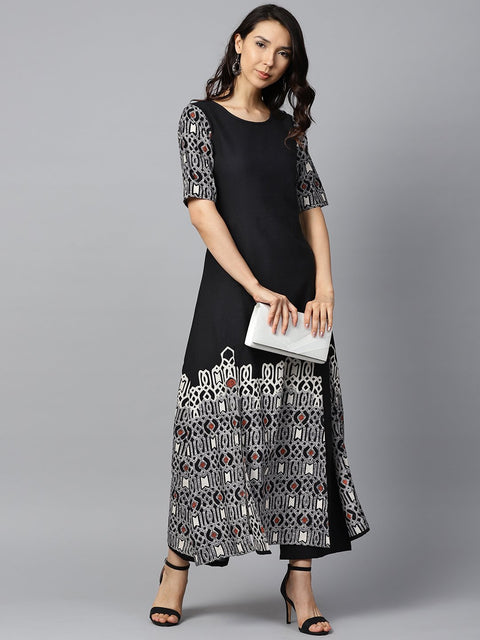 Black printed half sleeve cotton A-line kurta with white printed palazzo