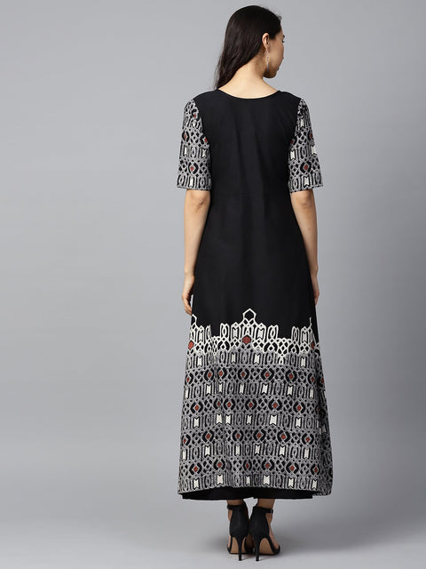 Black printed half sleeve cotton A-line kurta with white printed palazzo