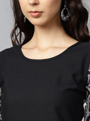 Black printed half sleeve cotton A-line kurta with white printed palazzo