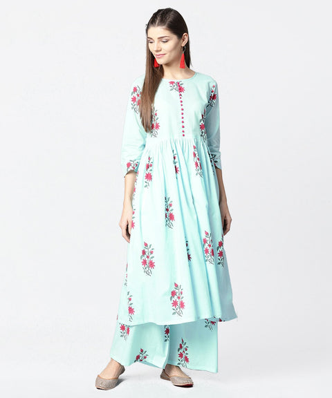 Turquoise Blue printed 3/4th sleeve cotton Anarkali kurta with printed palazzo