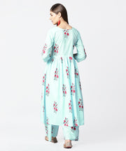 Turquoise Blue printed 3/4th sleeve cotton Anarkali kurta with printed palazzo
