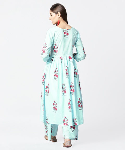 Turquoise Blue printed 3/4th sleeve cotton Anarkali kurta with printed palazzo