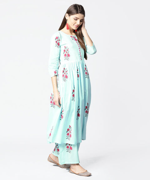 Turquoise Blue printed 3/4th sleeve cotton Anarkali kurta with printed palazzo
