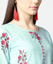 Turquoise Blue printed 3/4th sleeve cotton Anarkali kurta with printed palazzo