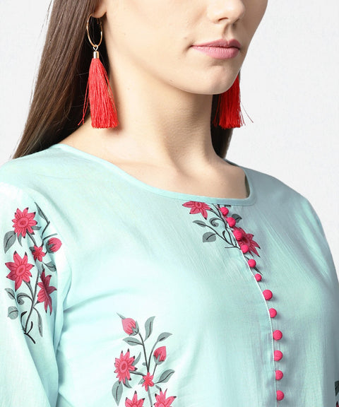 Turquoise Blue printed 3/4th sleeve cotton Anarkali kurta with printed palazzo