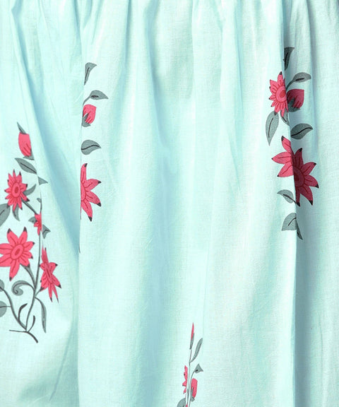 Turquoise Blue printed 3/4th sleeve cotton Anarkali kurta with printed palazzo