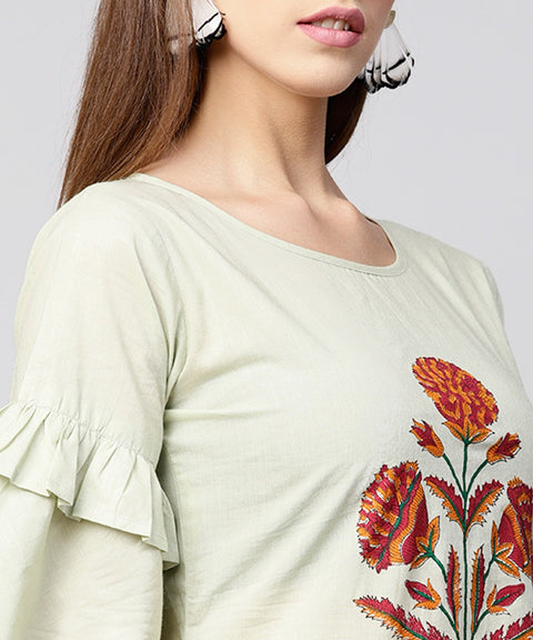 Beige half flared sleeve cotton straight kurta