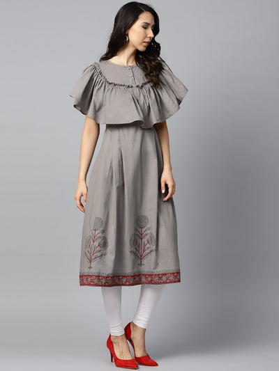 Dark grey block printed sleeveless poncho style cotton A-line kurta