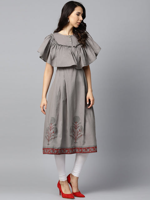 Dark grey block printed sleeveless poncho style cotton A-line kurta