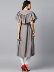 Dark grey block printed sleeveless poncho style cotton A-line kurta