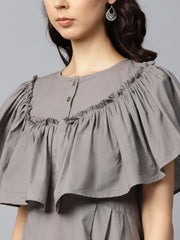 Dark grey block printed sleeveless poncho style cotton A-line kurta