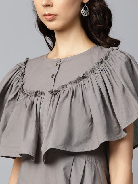 Dark grey block printed sleeveless poncho style cotton A-line kurta