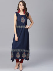 Navy blue block printed sleeveless rayon A-line kurta