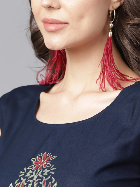 Navy blue block printed sleeveless rayon A-line kurta