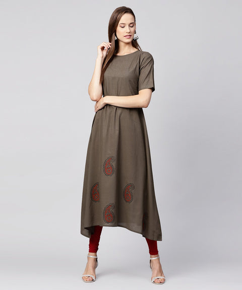 Grey half sleeve block printed cotton a-line kurta