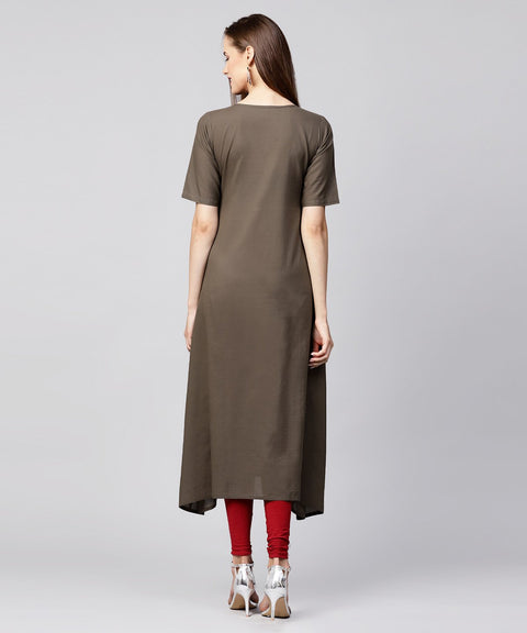 Grey half sleeve block printed cotton a-line kurta