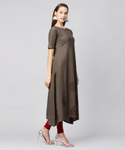 Grey half sleeve block printed cotton a-line kurta