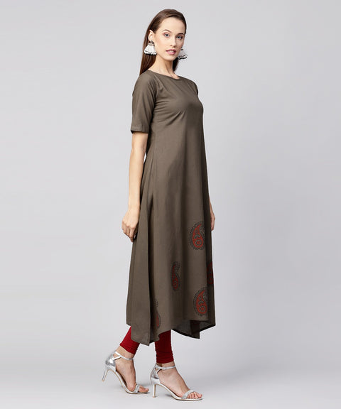 Grey half sleeve block printed cotton a-line kurta