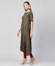 Grey half sleeve block printed cotton a-line kurta