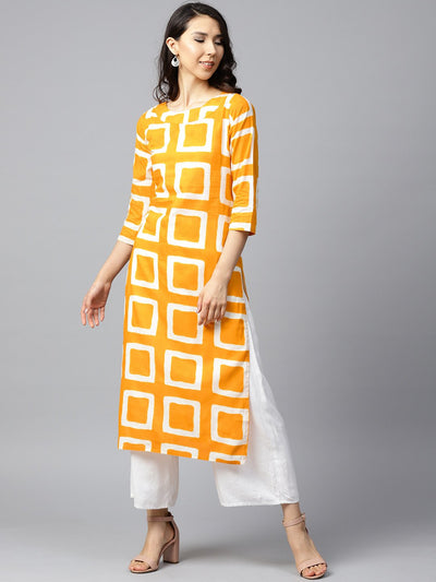 Yellow printed 3/4th sleeve cotton straight kurta